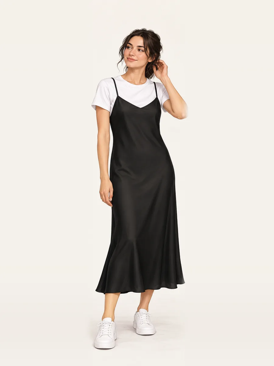 White crew-neck T-shirt under a fluid black slip dress, finished with simple trainers.