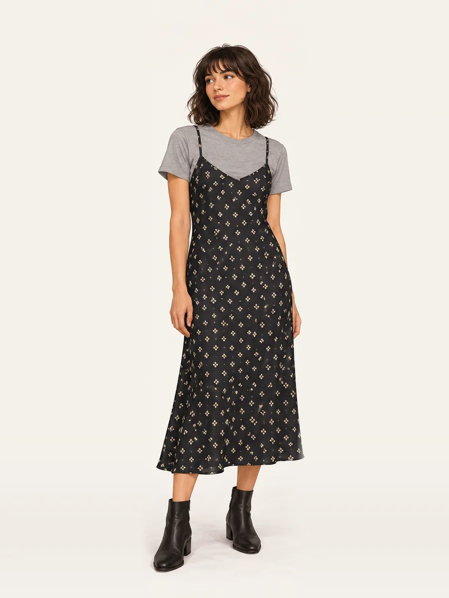 Plain grey T-shirt under a subtly patterned slip dress with dark ankle boots.