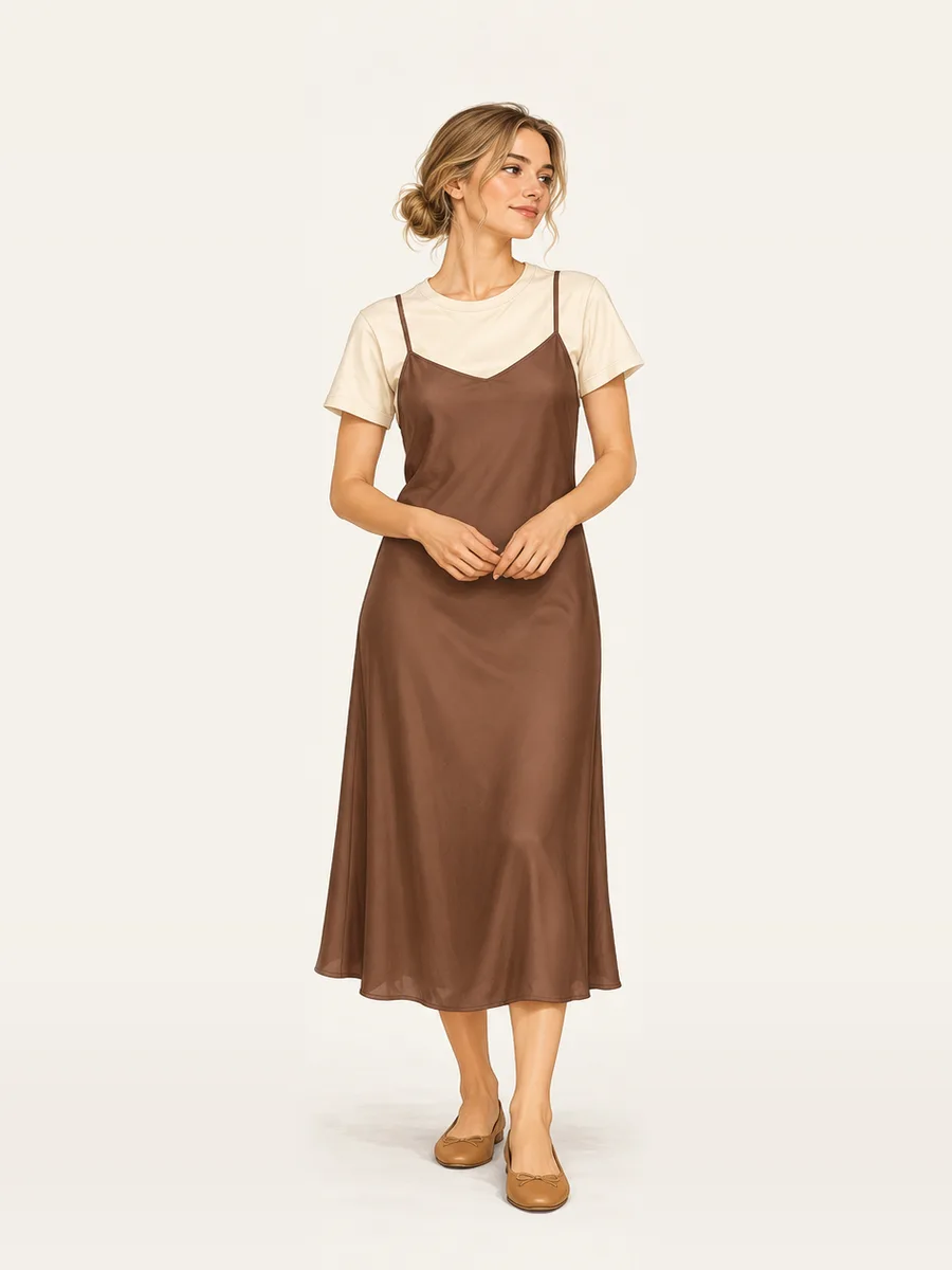 Cream T-shirt under a warm-brown slip dress with tan flats.